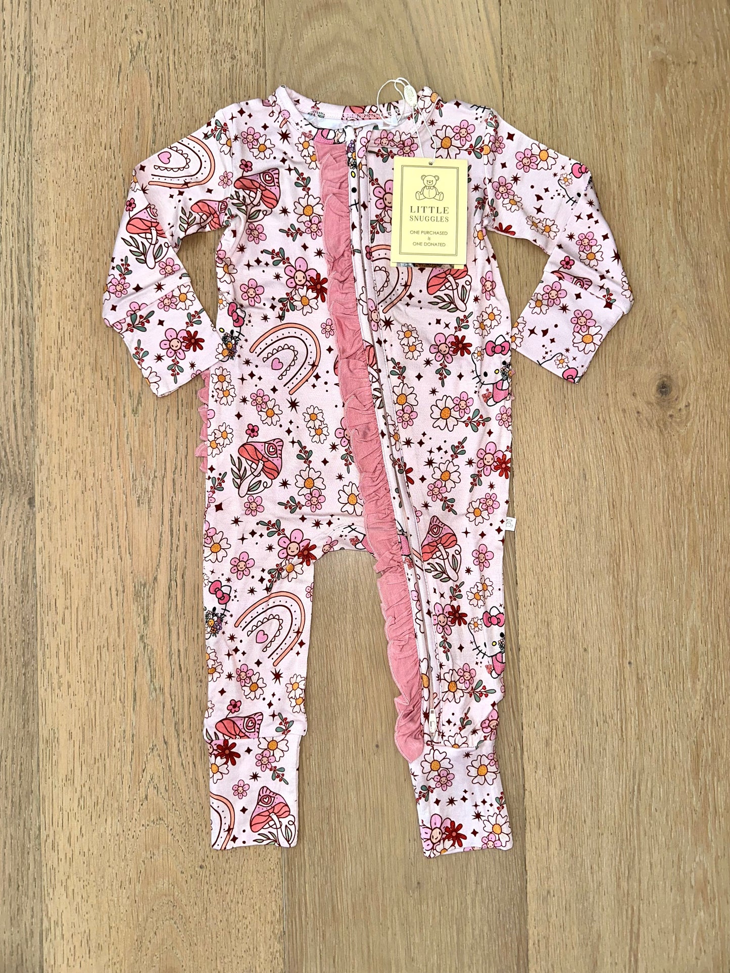 Bamboo Ruffle Zipper Romper (IVY)- BOHO MUSHROOM HELLO KITTY