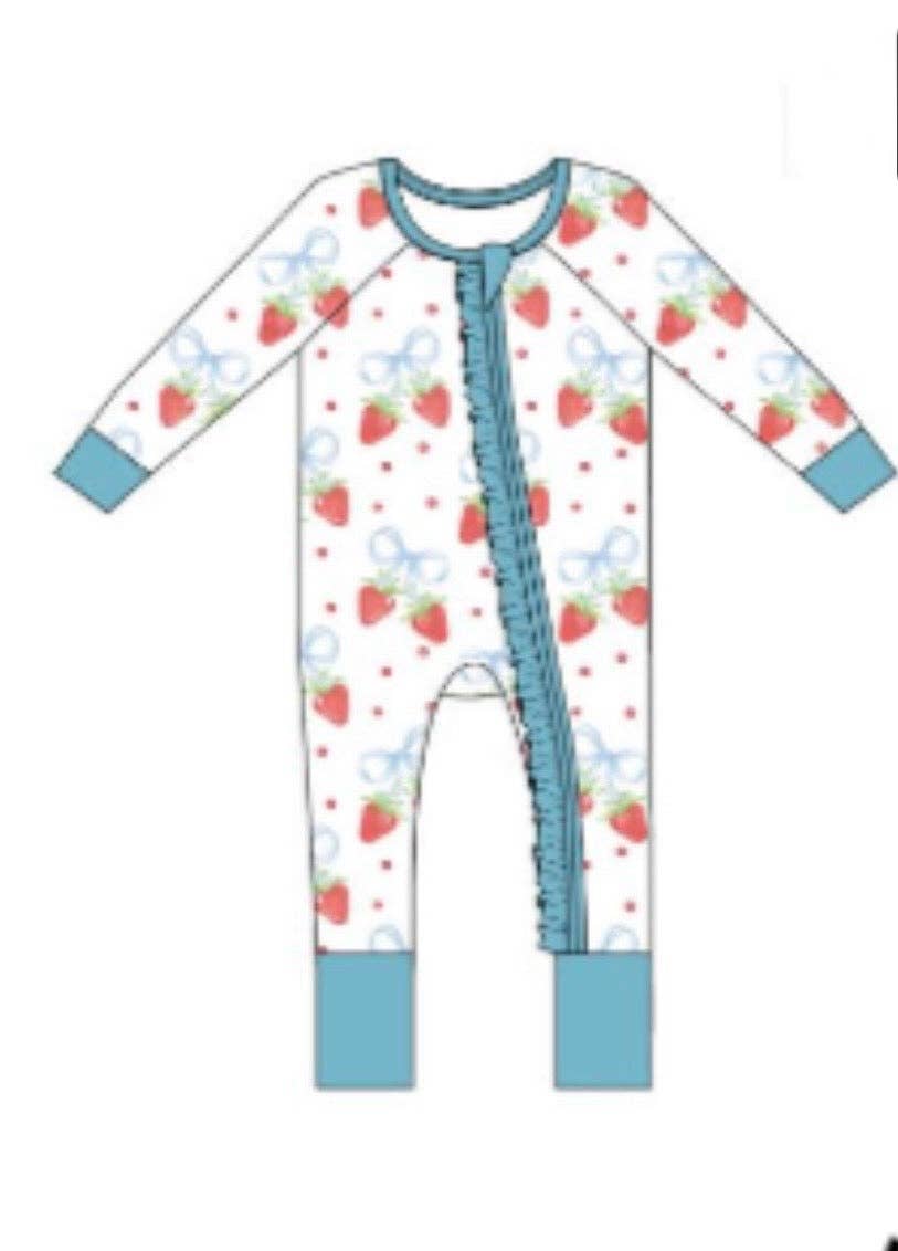 Strawberries and Bows Ruffled Zipper Onesie
