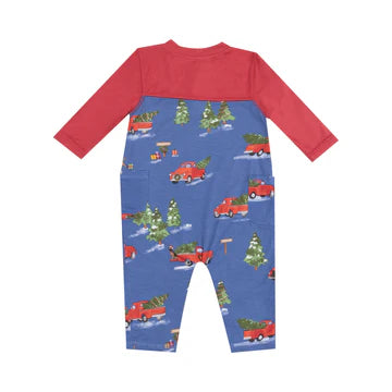 L/S Raglan Henley Romper- VINTAGE RED TRUCK