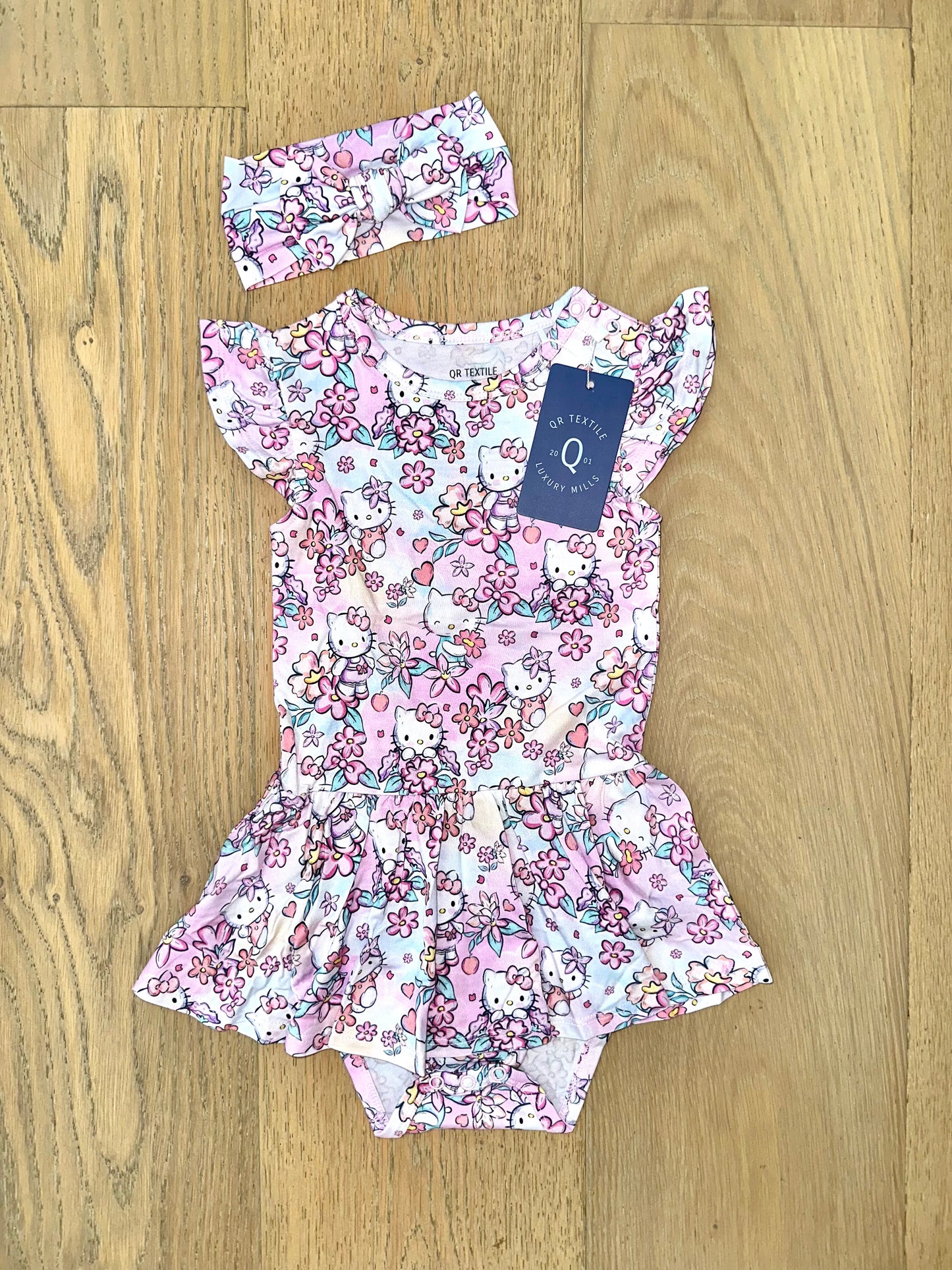 Bamboo Twirl Skirt Bodysuit with Headband (Claire)- HELLO FLORAL KITTY