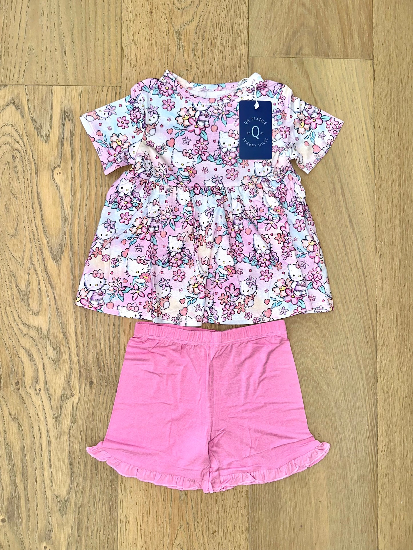 Bamboo Short Sleeve Peplum Set- HELLO FLORAL KITTY