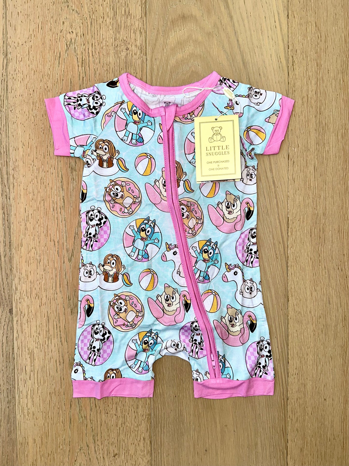 Bamboo Shorty Romper- PARK FUN PINK POOL PUPS