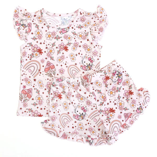 Bamboo Flutter Sleeve & Shorts Lounge Set (OLIVIA)-BOHO MUSHROOM HELLO KITTY