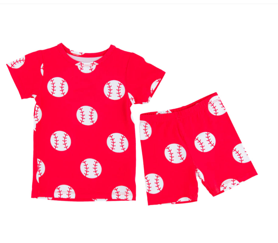 2pc Short Sleeve Pajama Short Set- RED BASEBALL