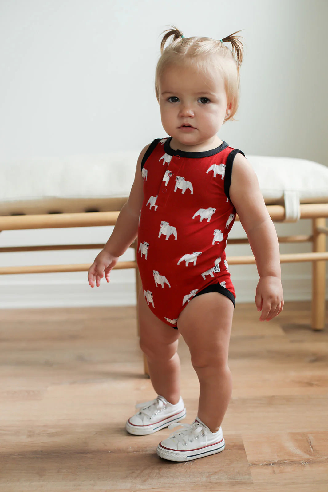 Bamboo Henley Onesie with Snaps- Red Bulldog