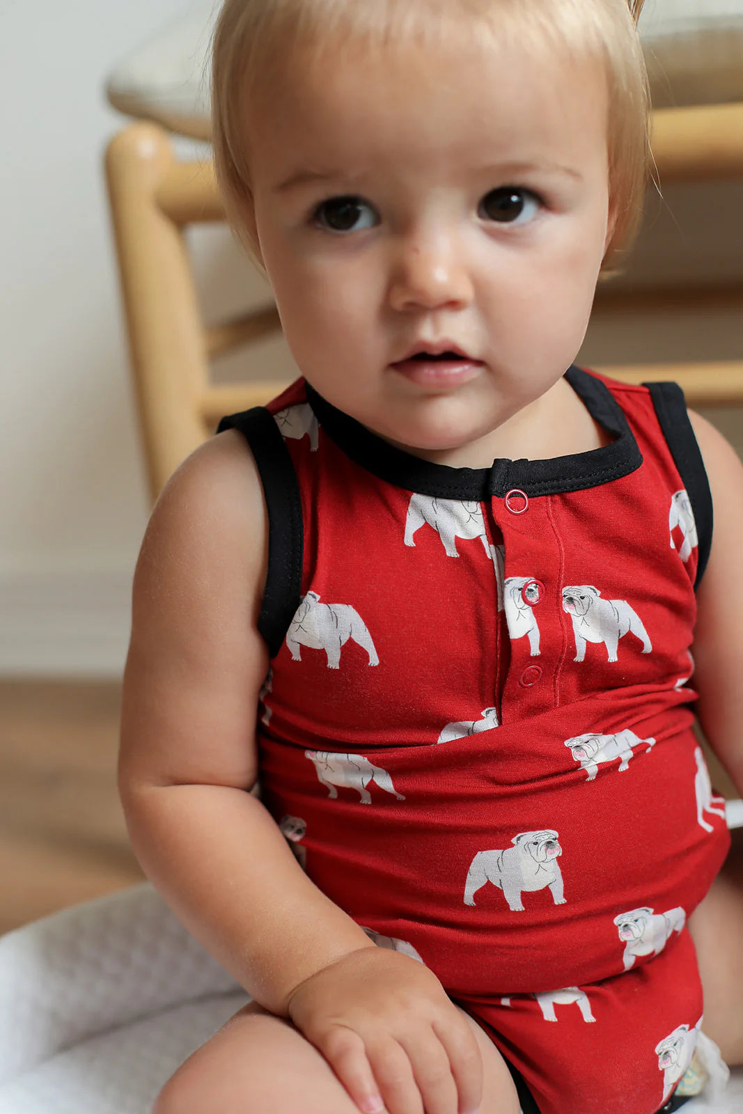 Bamboo Henley Onesie with Snaps- Red Bulldog
