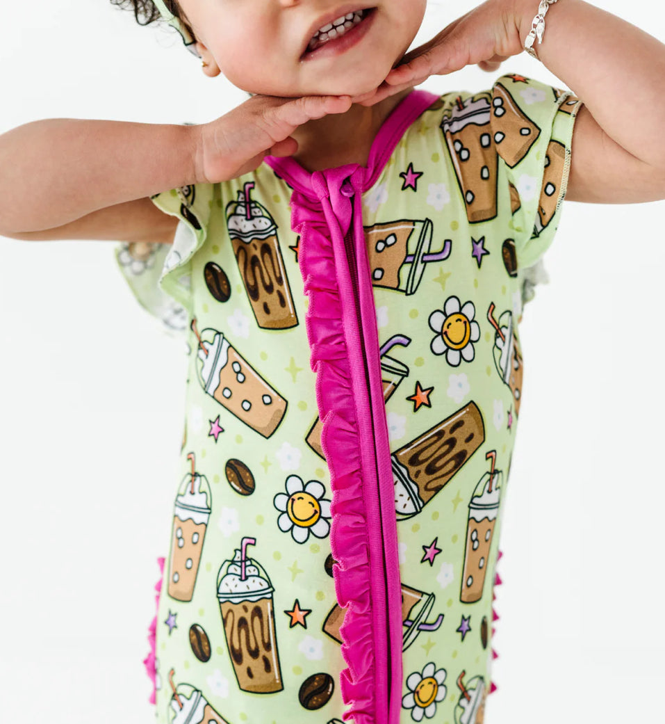 Short Sleeve Ruffle Romper- COLD BREW CREW