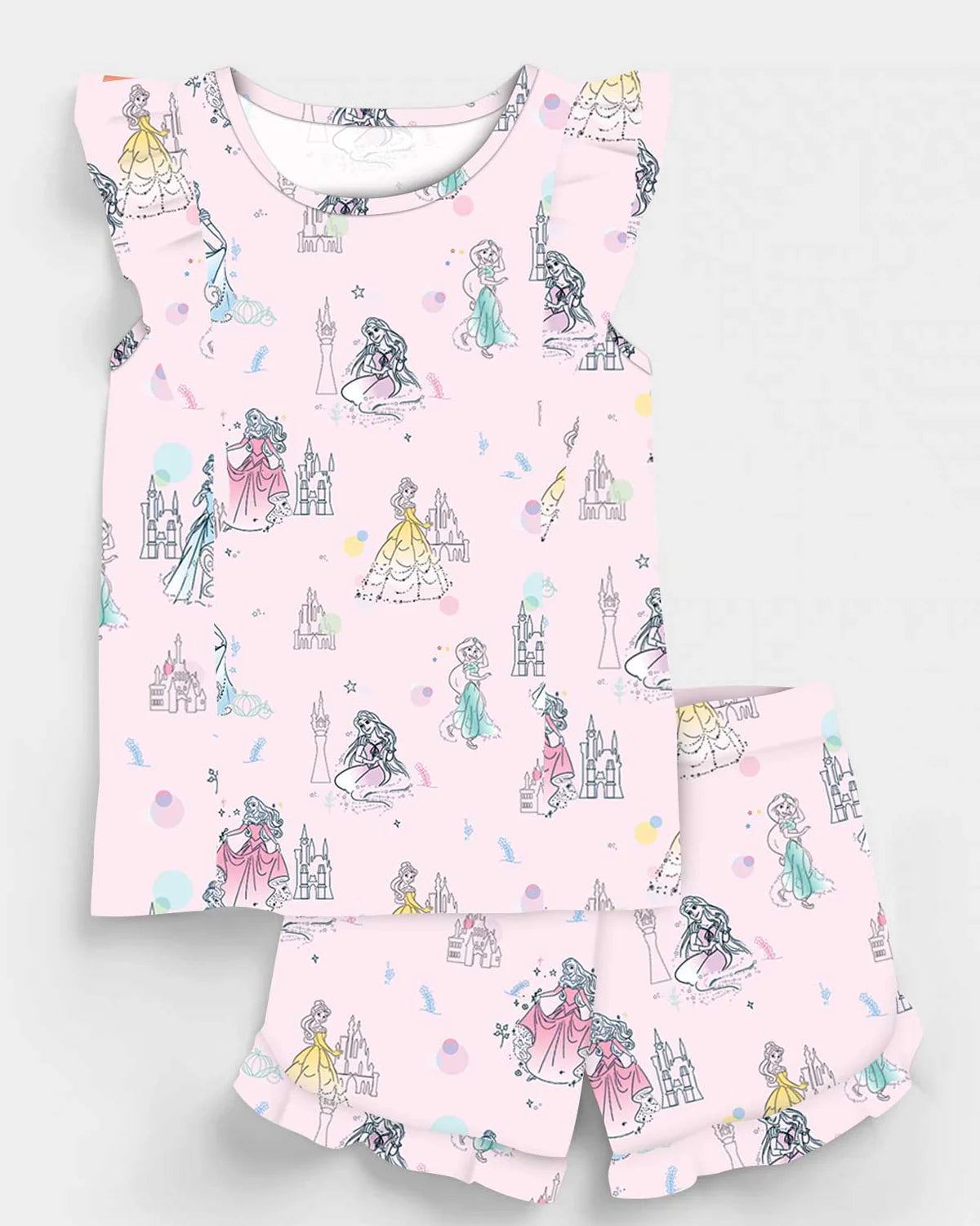 Bamboo Flutter Sleeve & Shorts Lounge Set (OLIVIA)- MAGICAL PRINCESS CASTLES