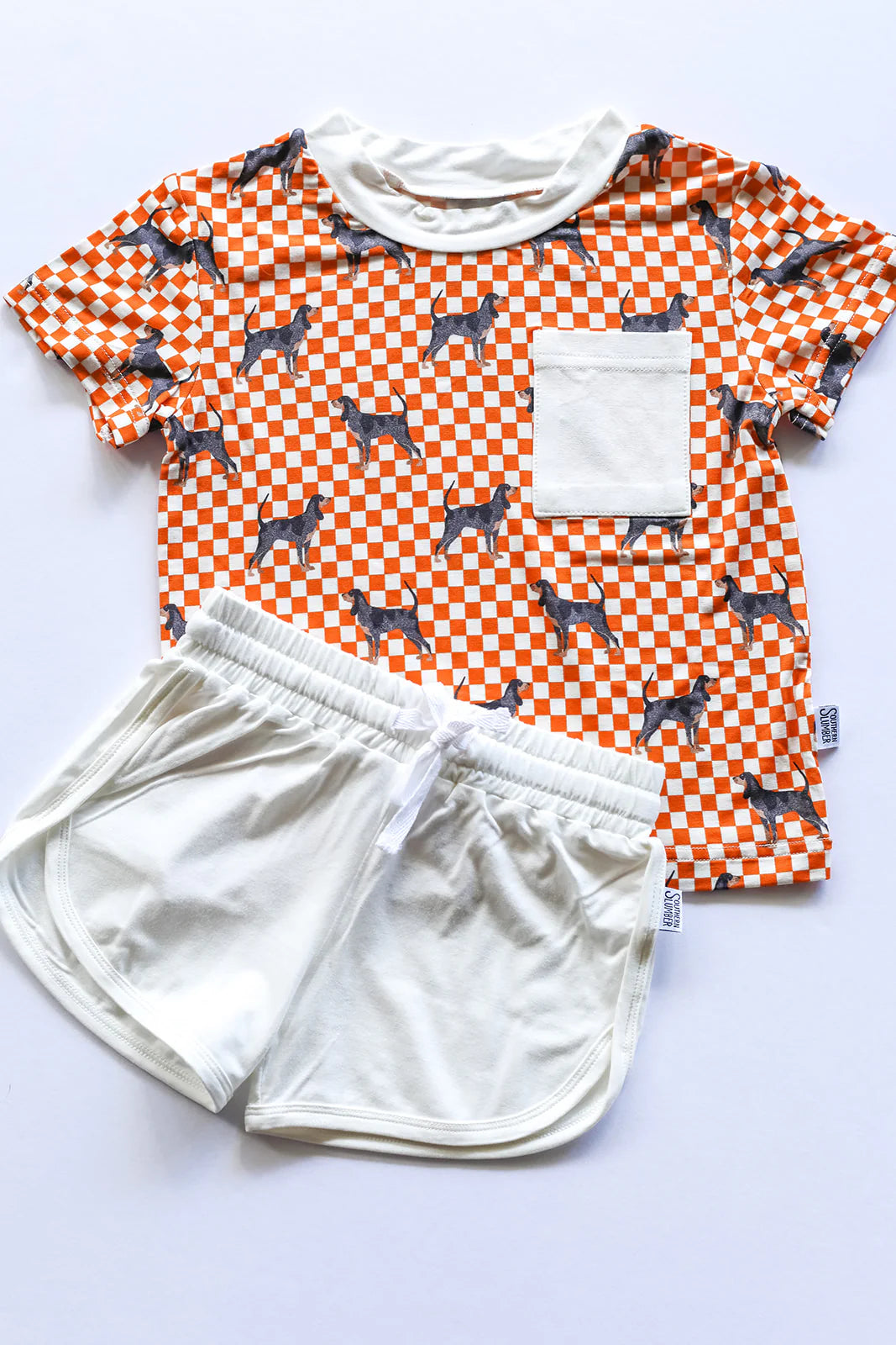 Bamboo Varsity T-Shirt & Short Set- COONHOUND Orange & White Checker