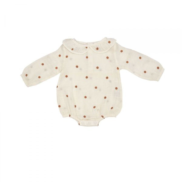 Organic Cotton Muslin Ruffle Collar Bubble- CASHEW POLKA DOT