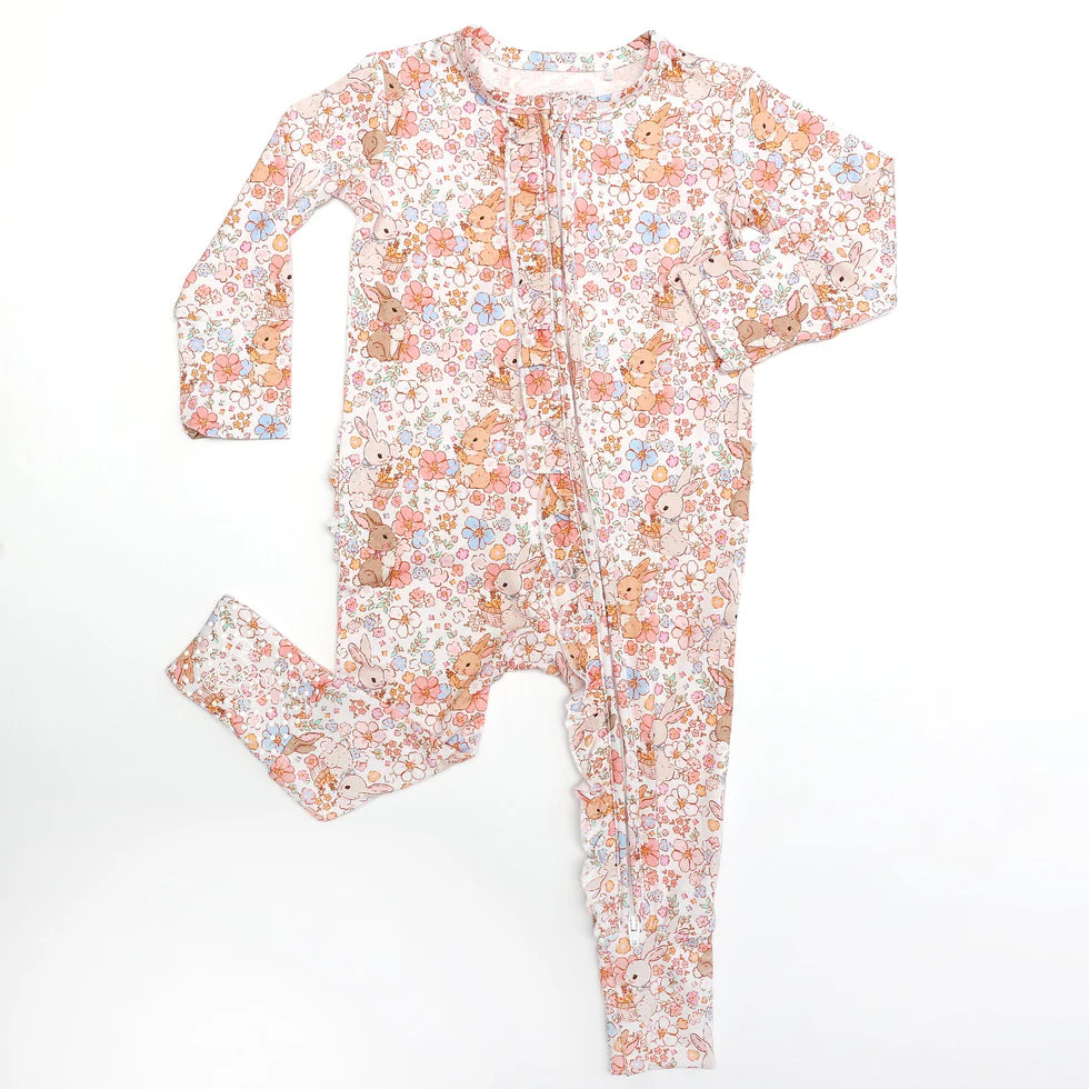 Bamboo Ruffle Zipper Romper (IVY)- BLOSSOM BUNNIES