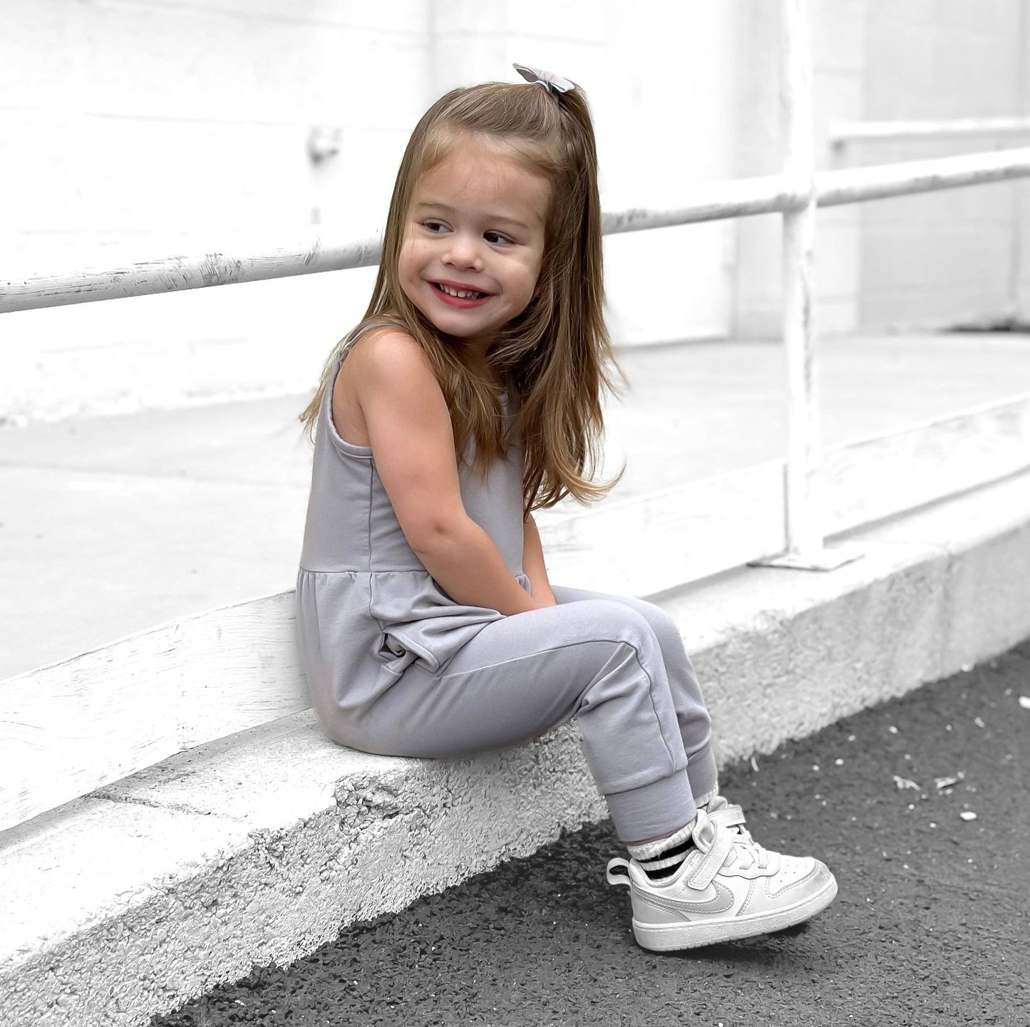 BAMBOO ADJUSTABLE PANTS ROMPER - FROST: 18-24M
