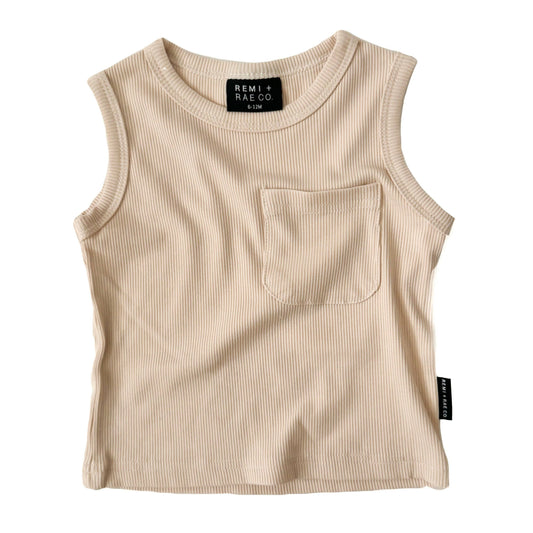 BAMBOO RIBBED POCKET TANK - SAND: 12-18M