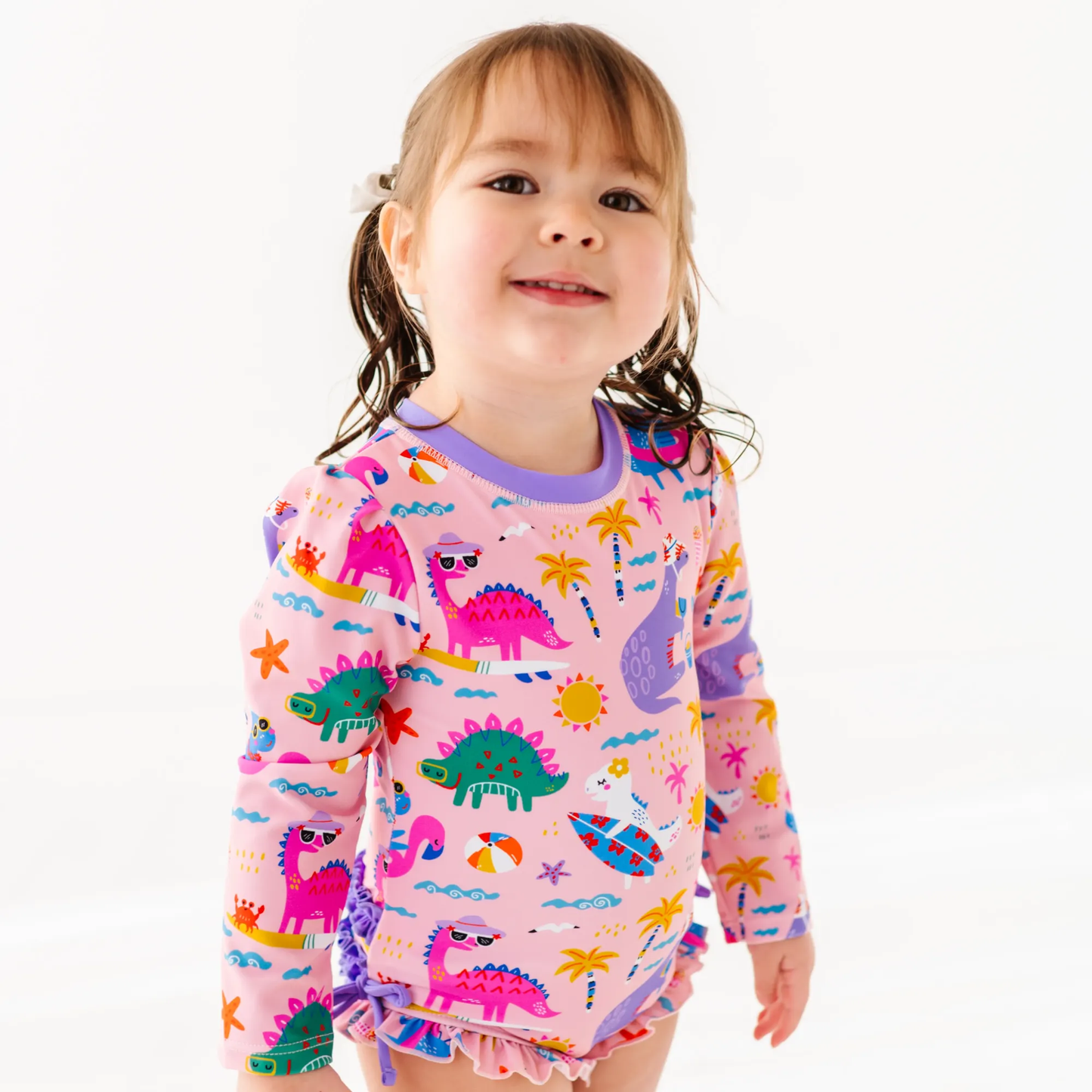 Pink Dino Long Sleeve Ruffle Swimsuit: 3T