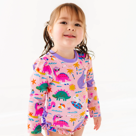 Pink Dino Long Sleeve Ruffle Swimsuit: 3T