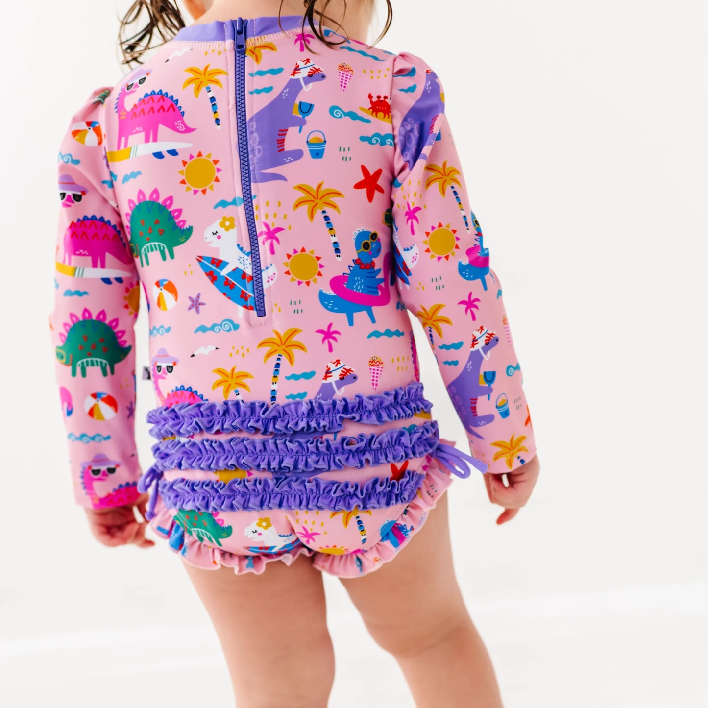 Pink Dino Long Sleeve Ruffle Swimsuit: 3T