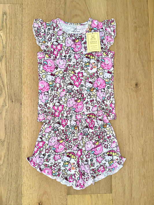 Bamboo Flutter Sleeve & Shorts Lounge Set (OLIVIA)- FLOWER GARDEN HELLO KITTY HK