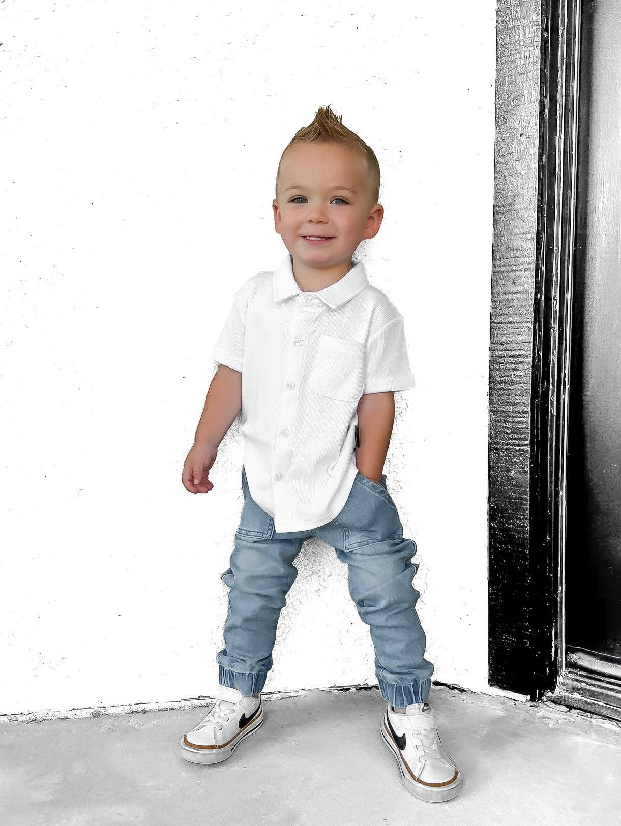 BAMBOO RIBBED BUTTON UP - WHITE: 12-18M