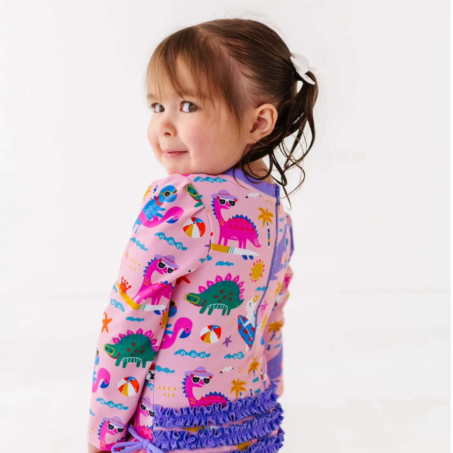 Pink Dino Long Sleeve Ruffle Swimsuit: 3T