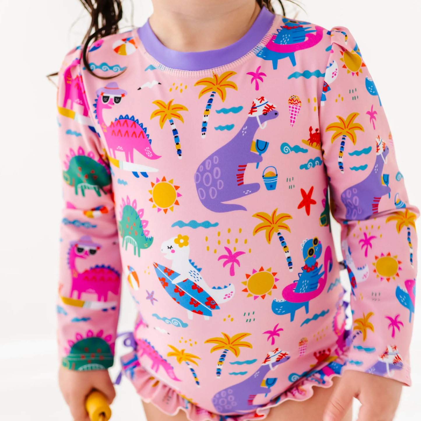 Pink Dino Long Sleeve Ruffle Swimsuit: 3T