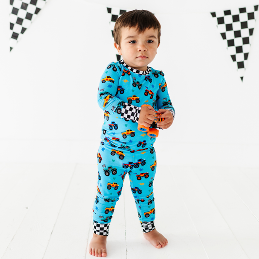 Blue Monster Trucks Kids Pajamas: 9/10Y