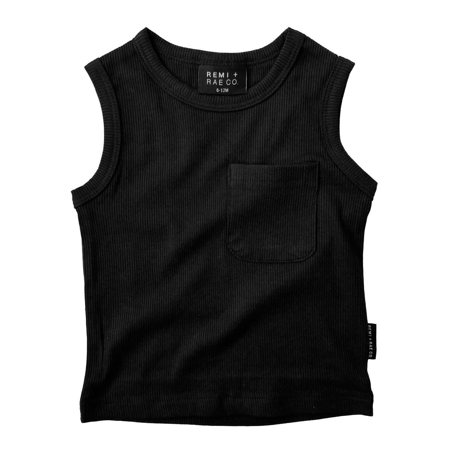 BAMBOO RIBBED POCKET TANK - BLACK: 6-12M