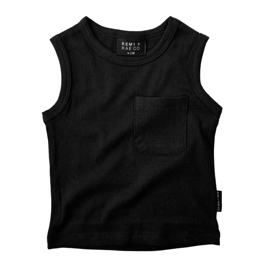 BAMBOO RIBBED POCKET TANK - BLACK: 6-12M