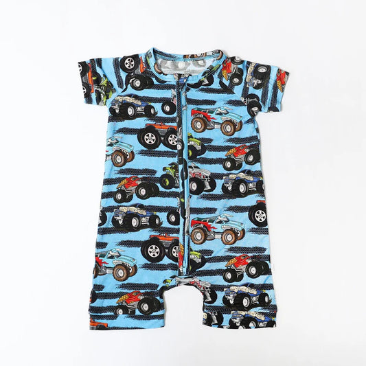 Bamboo Shorty Romper- MONSTER TRUCKS