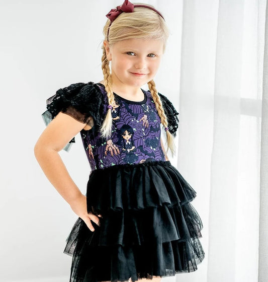Girls Long Sleeve Bamboo Tiered Tulle Dress-FRIDAY NIGHT WEDNESDAY