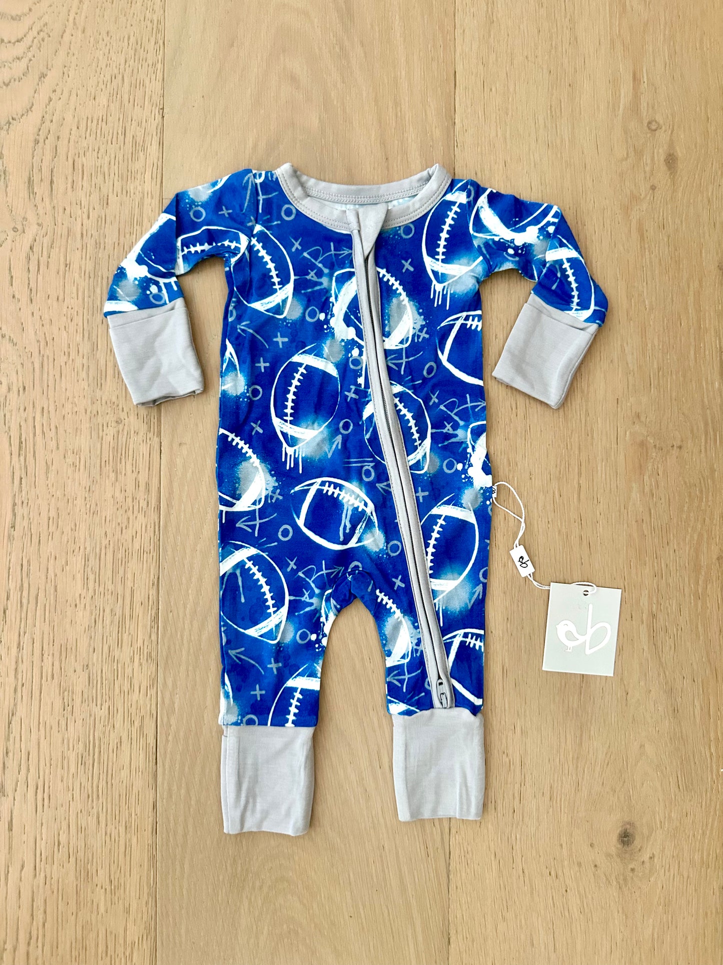 Bamboo Convertible Romper- GRAFFITI FOOTBALL BLUE AND GREY/SILVER