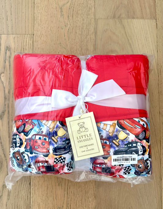 3 Layer Quilted Bamboo Blanket- LARGE 70x90 -CARS GO VROOM
