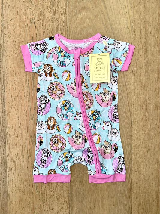 Bamboo Shorty Romper- PARK FUN PINK POOL PUPS
