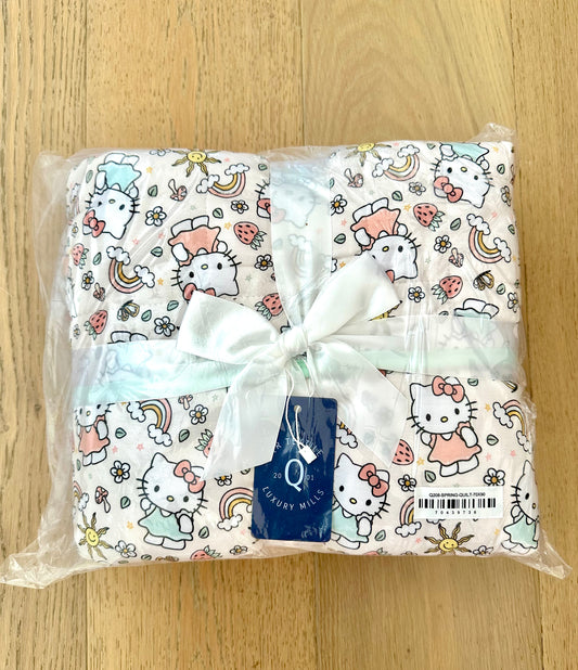 3 Layer Quilted Bamboo Blanket- LARGE 70x90- HELLO SPRING KITTY