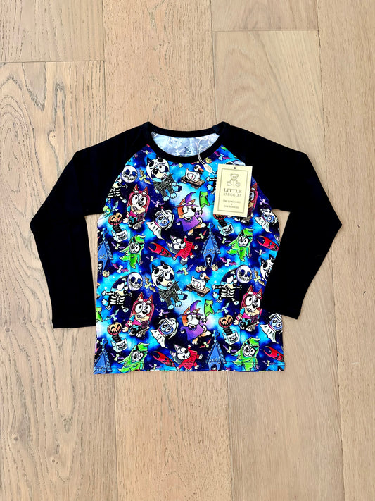 Kids Long Sleeve Bamboo Tee- BOO BASH CREEPIN IT BLUE BLUEY