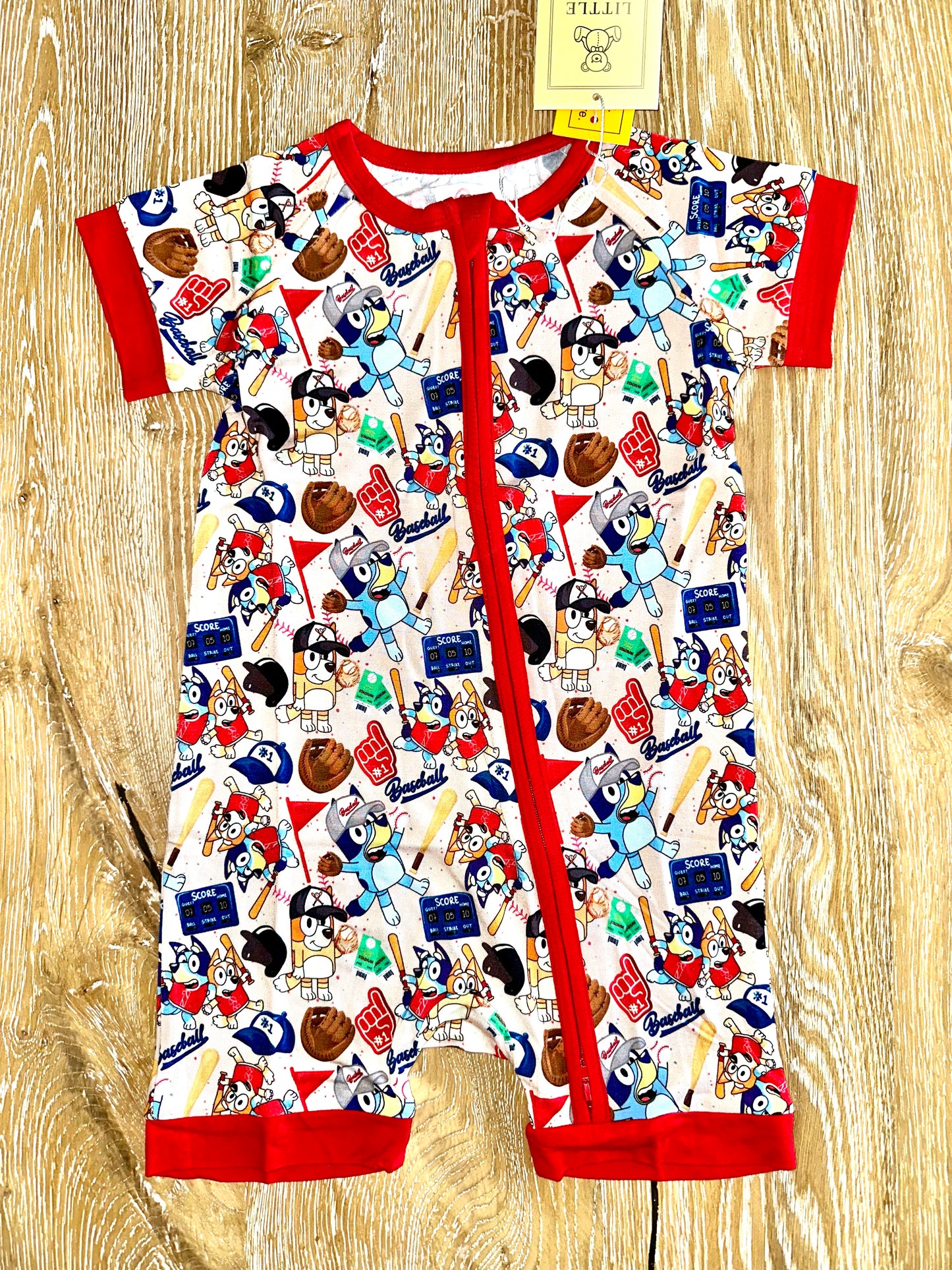 Bamboo Shorty Romper- SPRING FEVER BASEBALL BUDDIES BLUEY