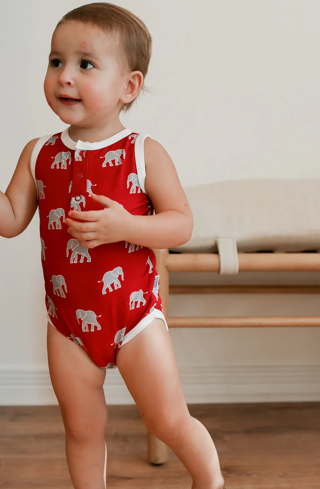 Bamboo Henley Onesie with Snaps- Elephant