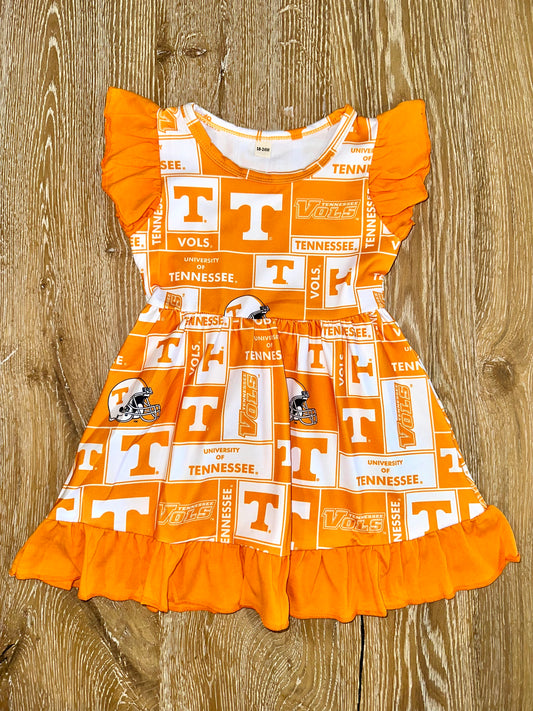 Flutter Sleeve Dress with Ruffles- Tennessee Orange