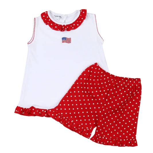 Embroidered Sleeveless Tee w/Ruffle Shorts Set- TINY RED, WHITE, & BLUE