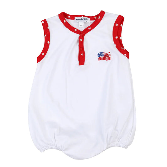 Embroidered Front Snap Sleeveless Bubble- TINY RED, WHITE & BLUE