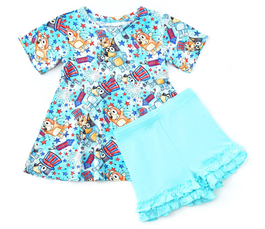 Bamboo Short Sleeve Peplum Set- PATRIOTIC BLUE PUP