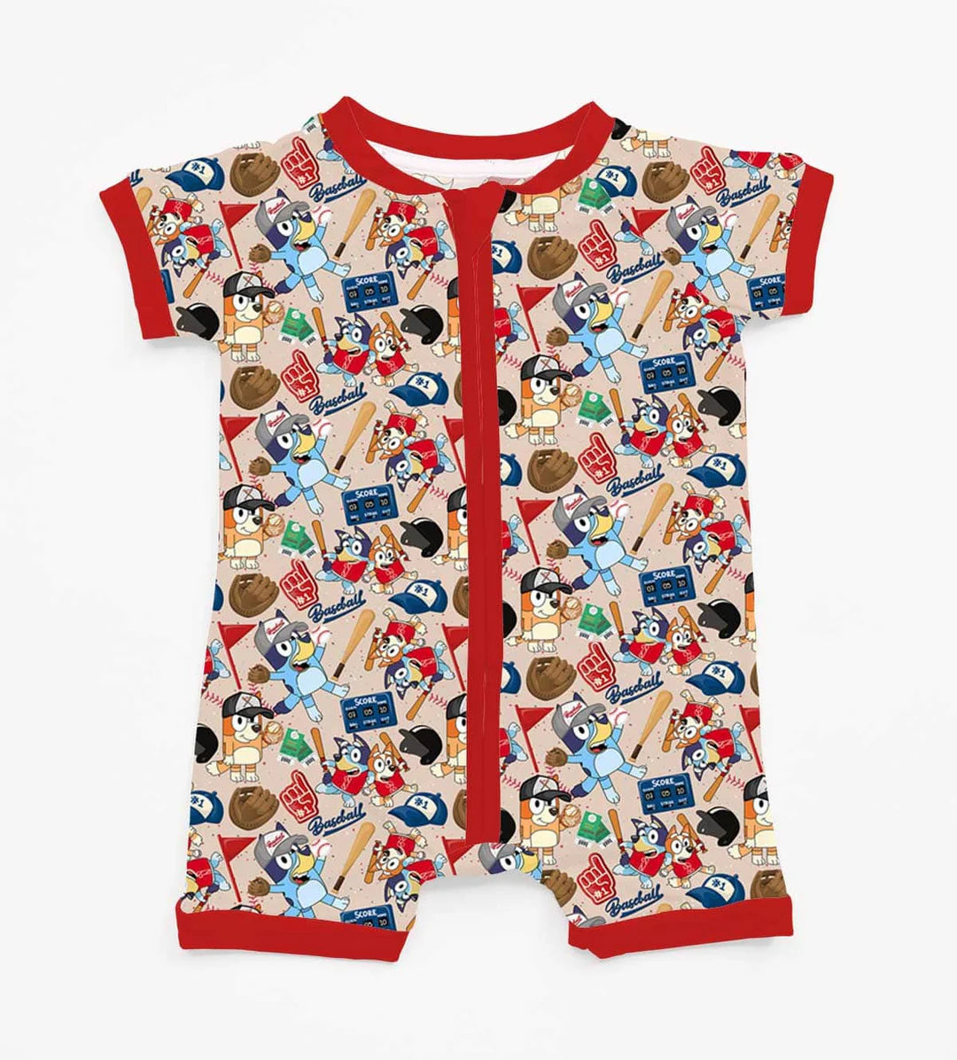 Bamboo Shorty Romper- SPRING FEVER BASEBALL BUDDIES BLUEY