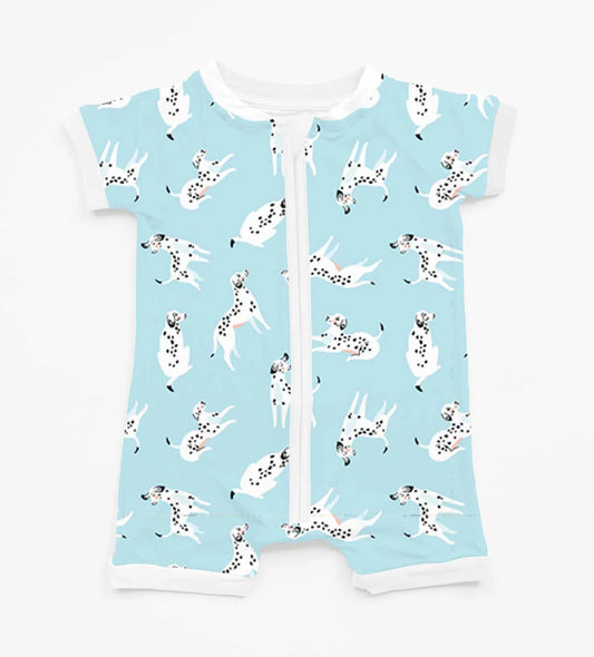 Bamboo Shorty Romper- BEAUTIFULLY BOLD BLUE DALMATIONS