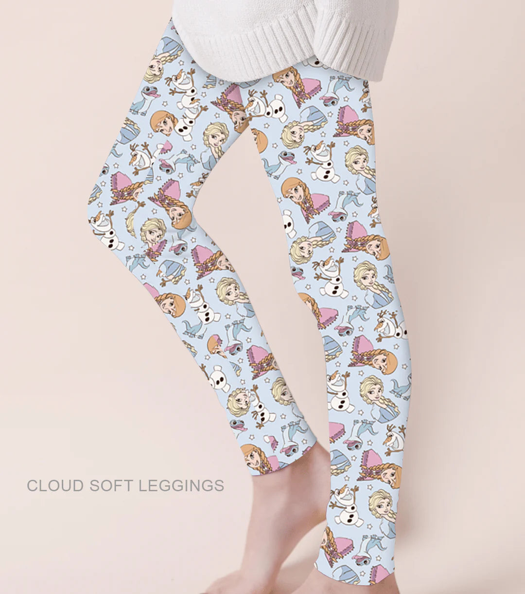 Kids Casual Cloud Soft Yoga Band Leggings- Park Fun Princess Sisters Elsa Anna