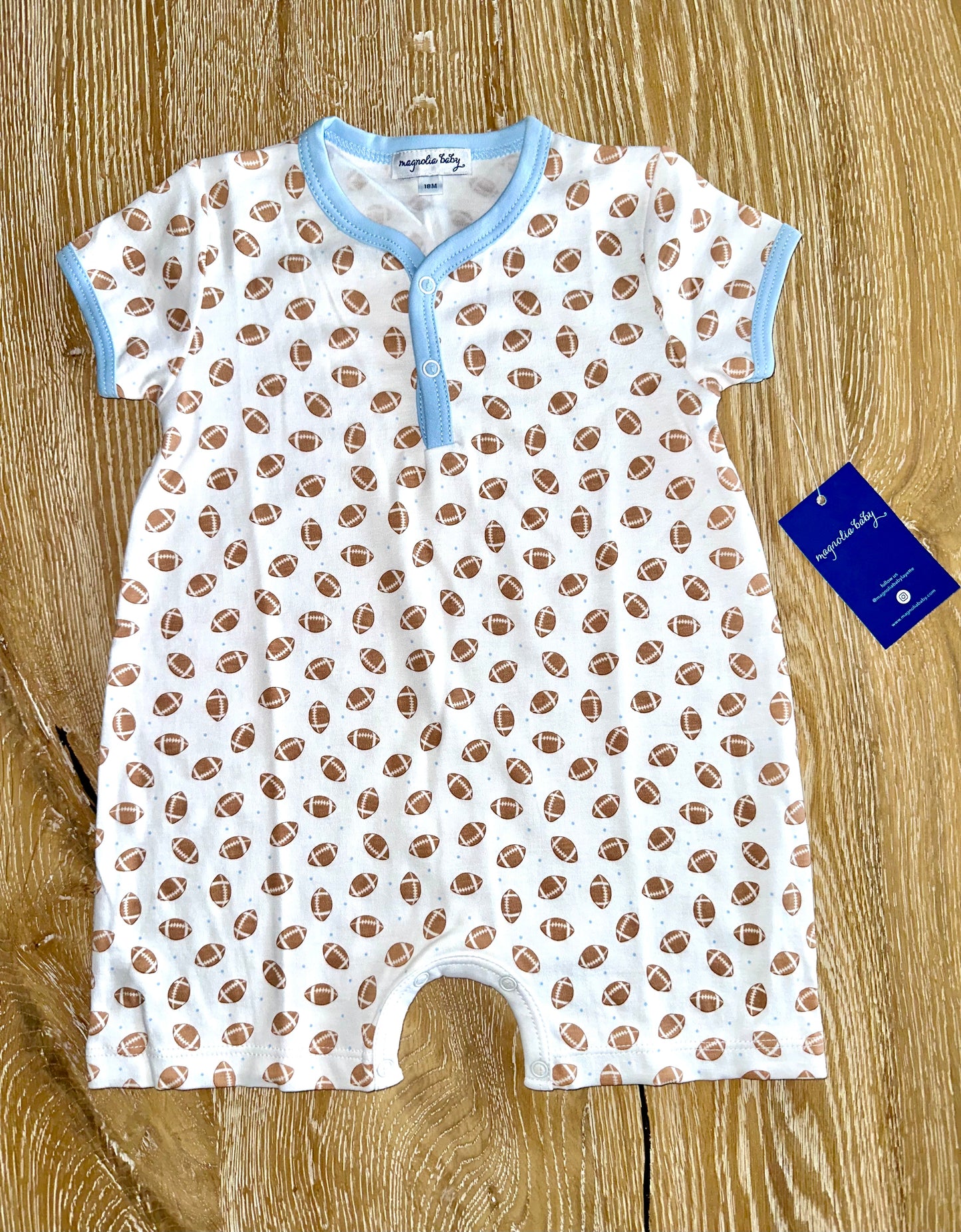 Front Snap Short Playsuit- BLUE TINY FOOTBALL