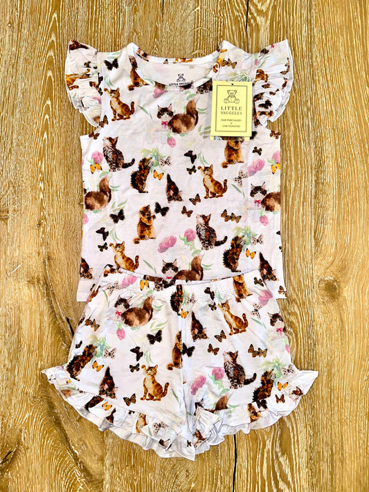 Bamboo Flutter Sleeve & Shorts Lounge Set (OLIVIA)- SIMPLE THINGS PLAYFUL KITTENS
