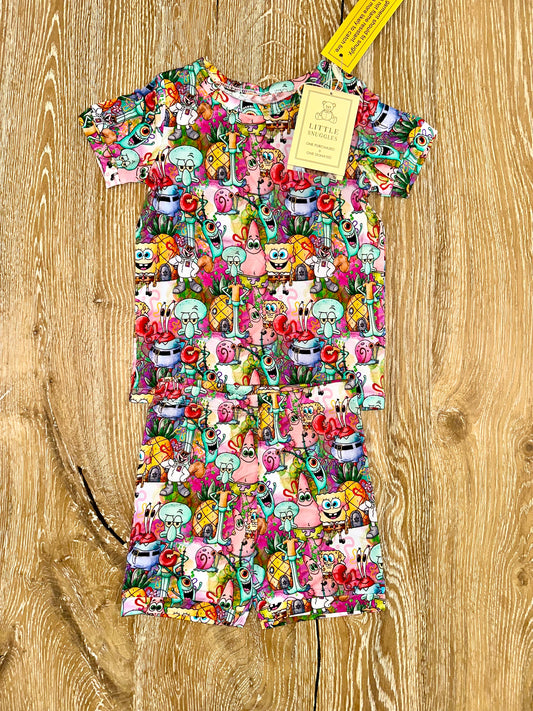 Bamboo (Bentley) Short Sleeve Shorts Lounge Set- FLUFFY FRIENDS SPONGEY
