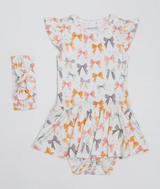 Bamboo Twirl Skirt Bodysuit with Headband (Claire)- BLOOMING BOWS