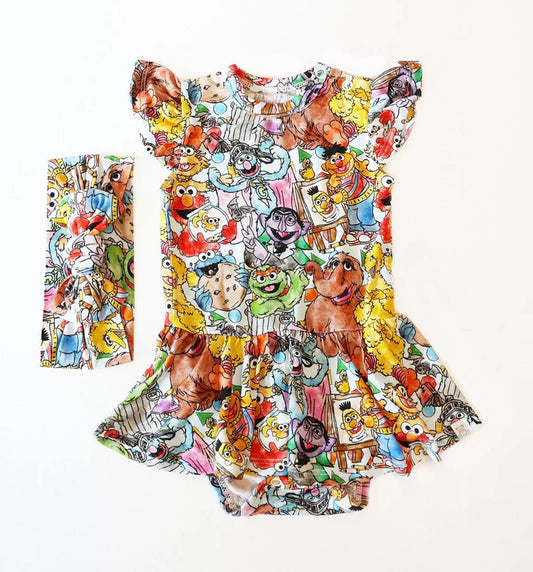 Bamboo Twirl Skirt Bodysuit with Headband (Claire)- FLUFFY FRIENDS SUNNY STREET