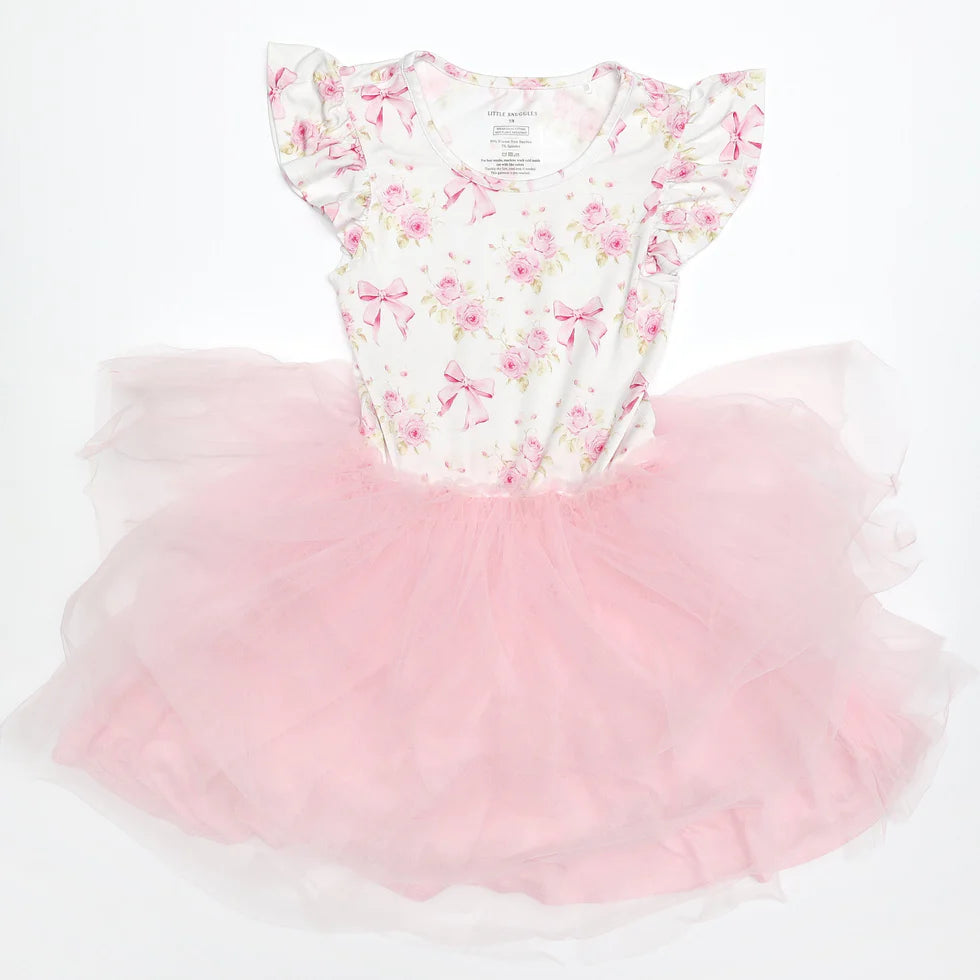 Girls Short Sleeve Bamboo Tiered Tulle Dress- WHIMSICAL & WILD RIBBONS & ROSES