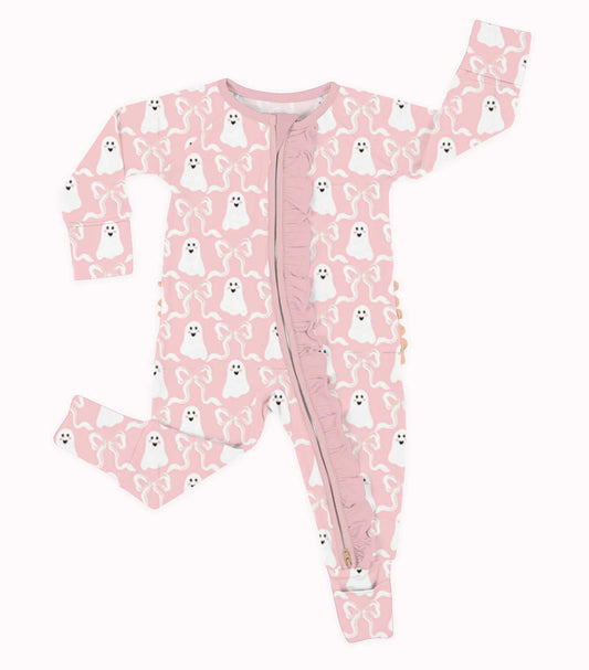 Bamboo Ruffle Zippy Romper (IVY)- CREEPY CUTE BOOS & BOWS